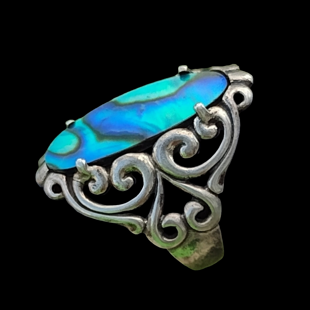 Vintage filigree kabana ring size 8 blue mother of pearl sterling silver