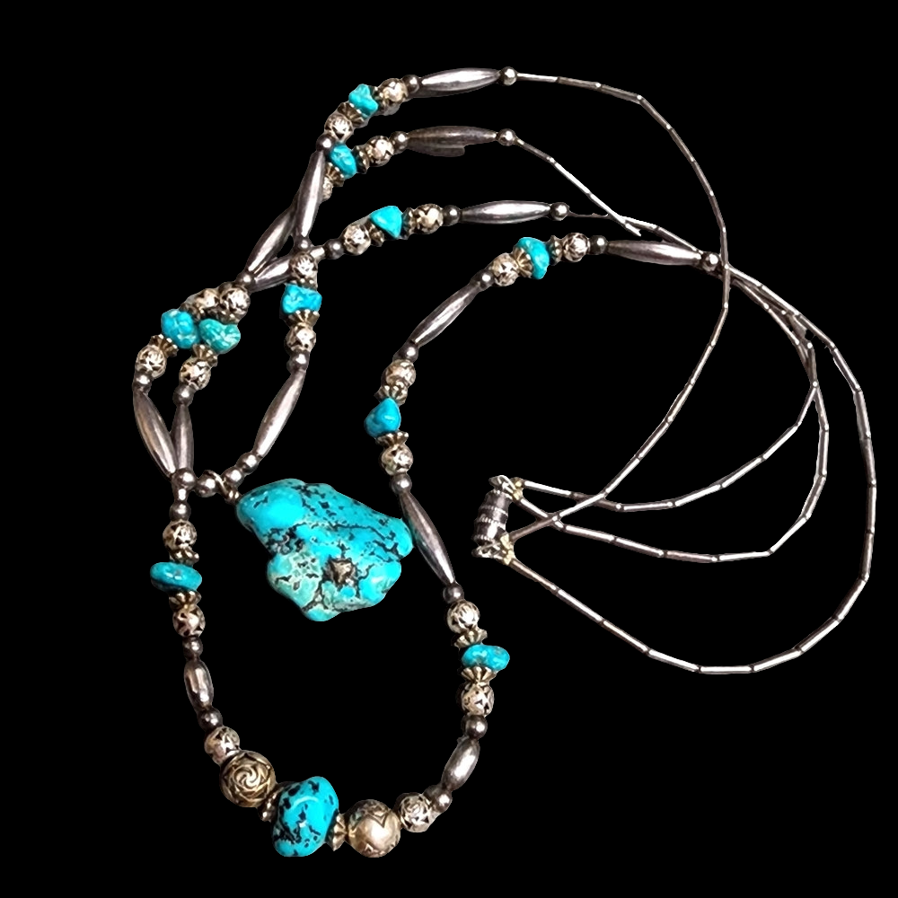 Native American liquid Sterling Silver 2 layer multi strand turquoise necklace