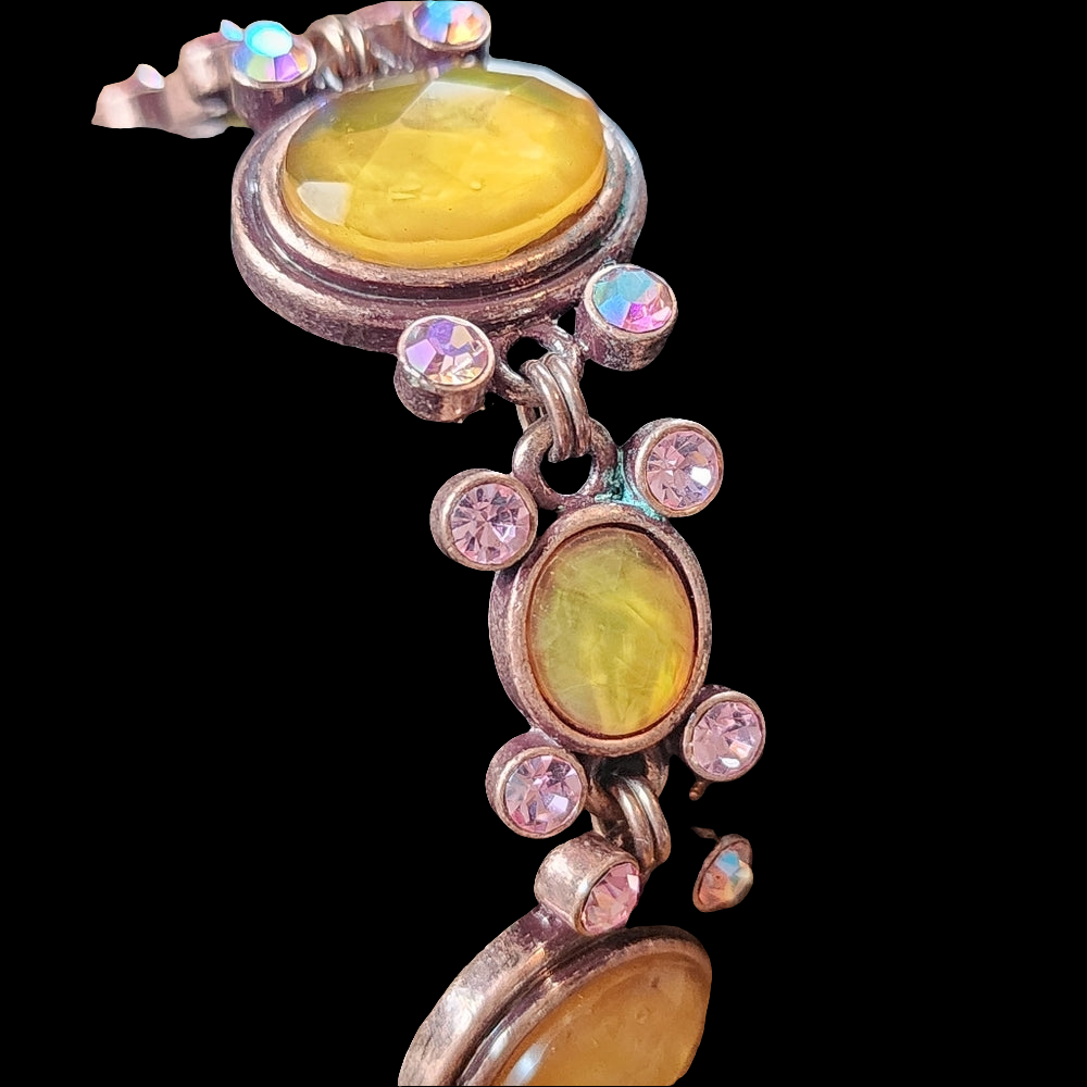 Pink copper Aurora borealis pink and yellow rhinestone link bracelet fashion