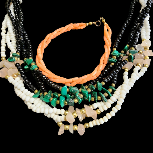 Costume jewelry multi-strand necklace lot malachite bracelet boho