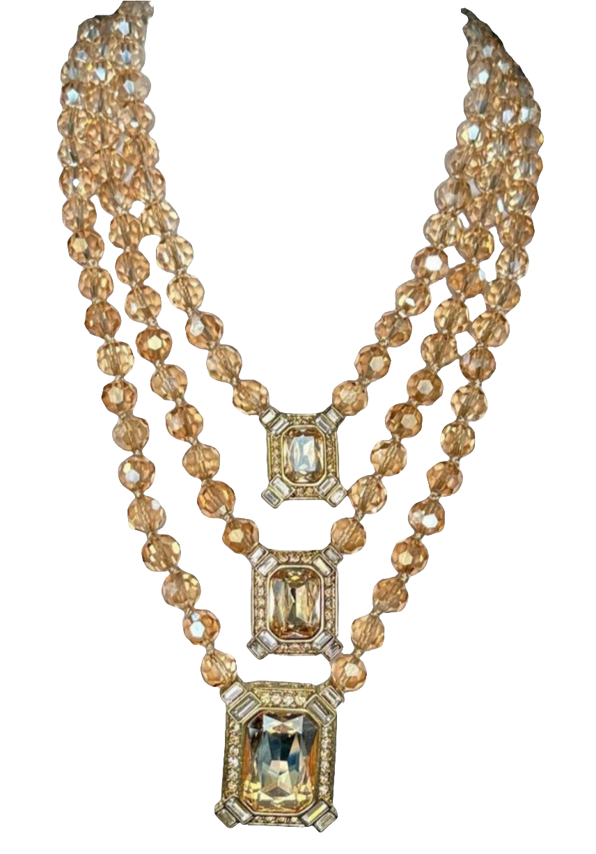 Heidi Daus golden crystals three strand necklace and clip on earrings set