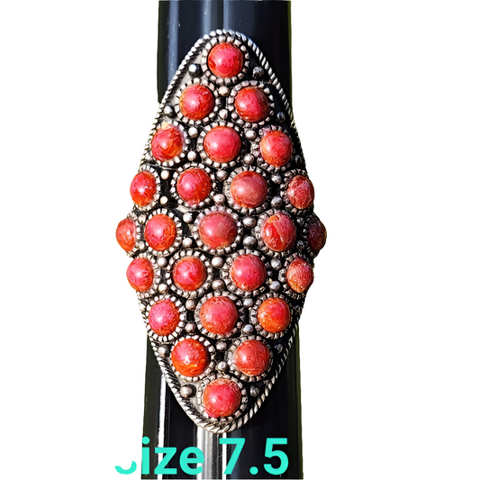 Huge chunky sterling silver red coral ring size 7.5 boho Southwestern