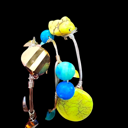 Yellow bronze & blue plastic gemstone  wire bangle bracelet designer fashion