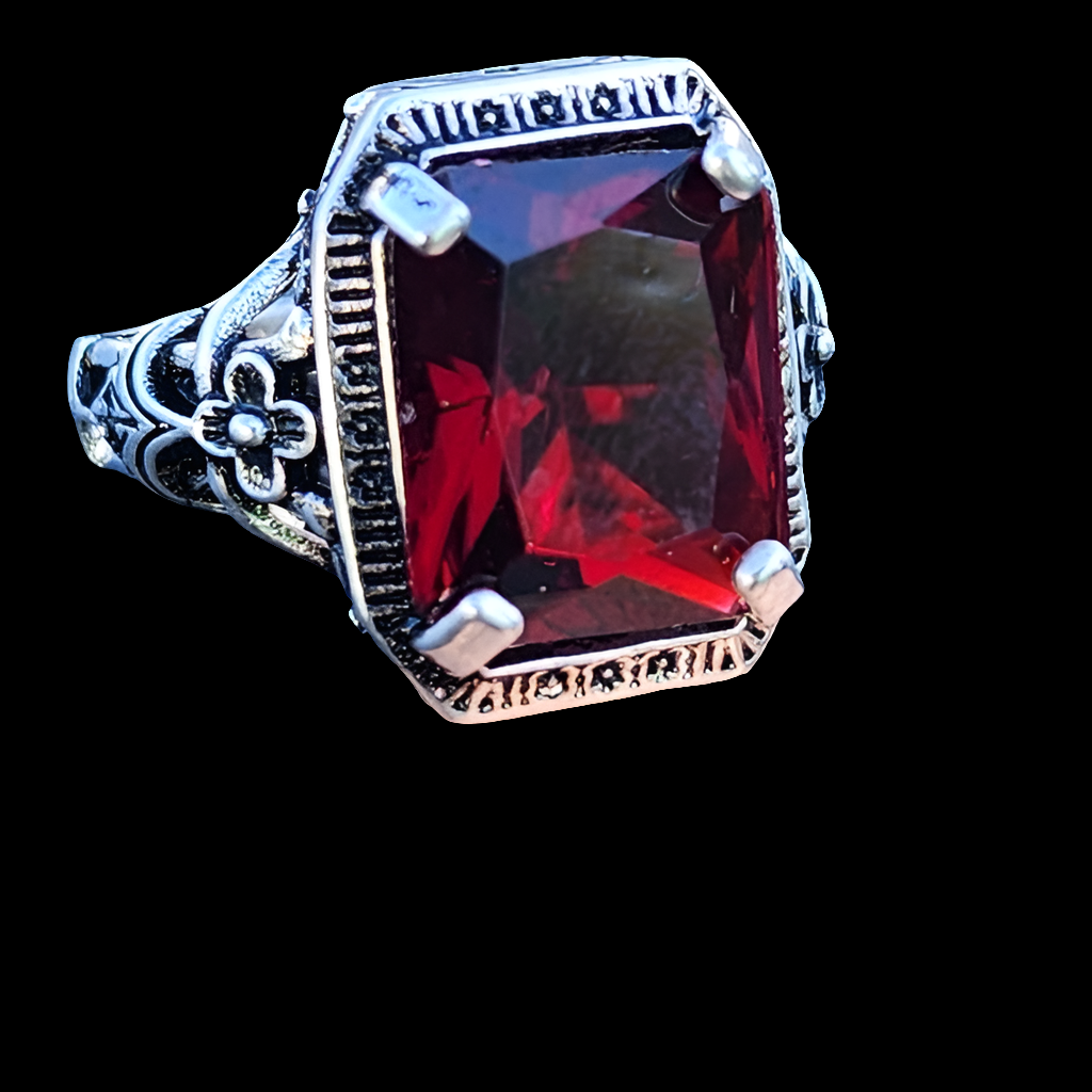 Sterling silver ornate ring with Red Ruby color stone size 5.5 Fine Jewelry