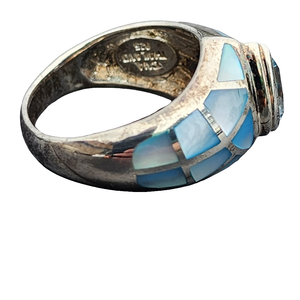 Sterling silver ring Chunky ring blue topaz &  mother of pearl size 9.5 jewelry