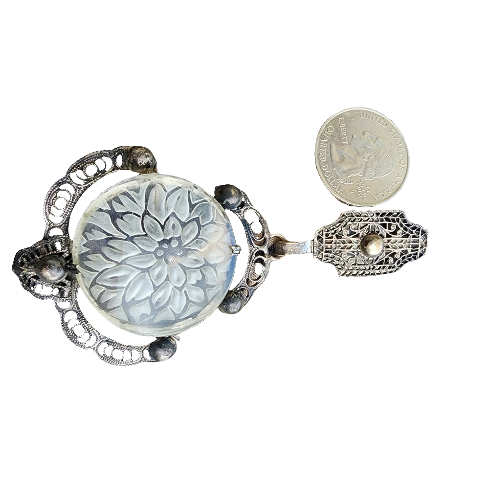 Lalique type antique reverse carved flower  floral scarf clip filigree art deco
