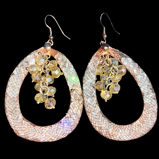 Designer signed MFC Bronze 18kt pear shaped dangle earrings rhinestones mesh