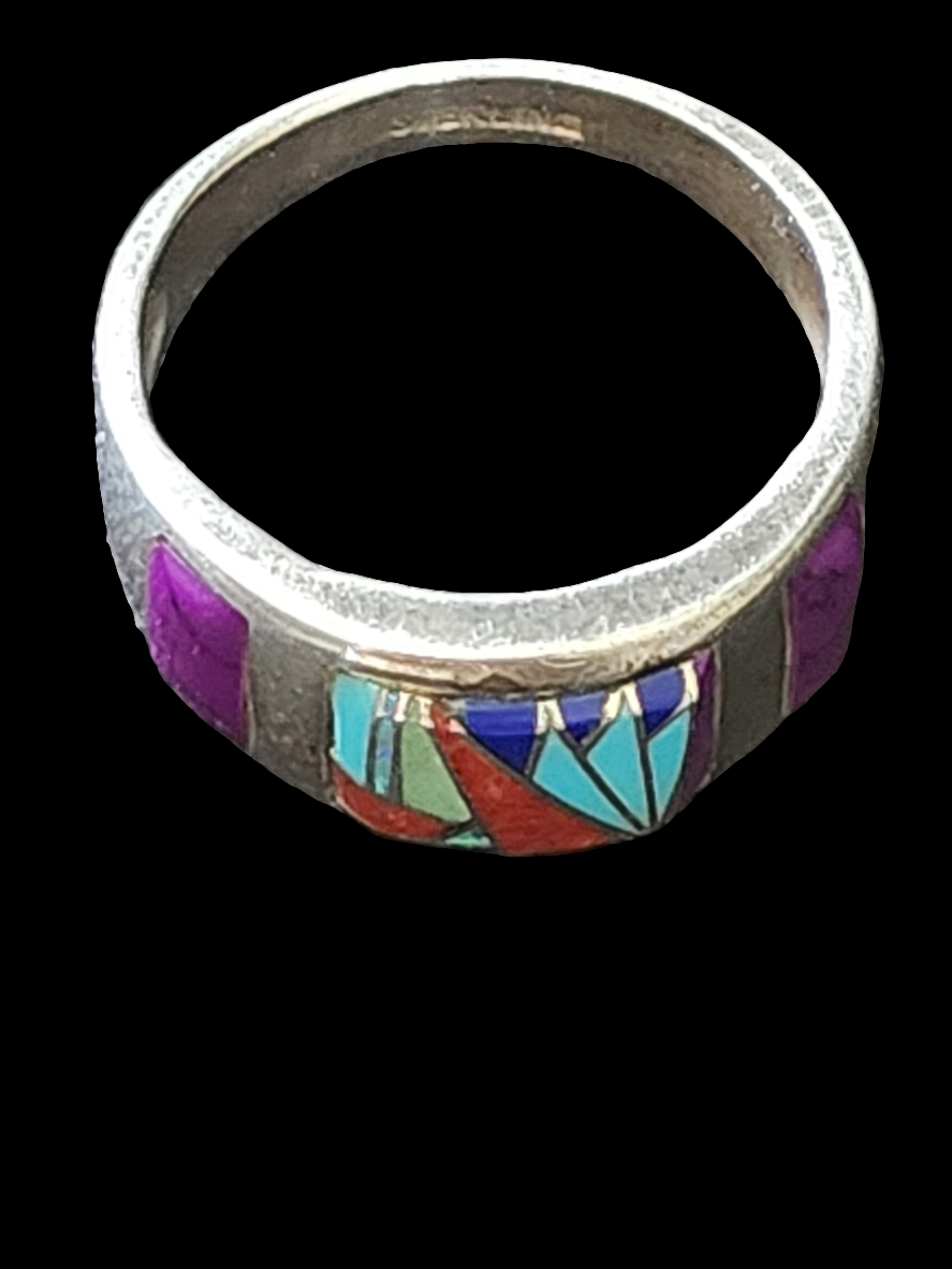 Multi stone inlay sterling silver ring turquoise Coral lapis size 8
