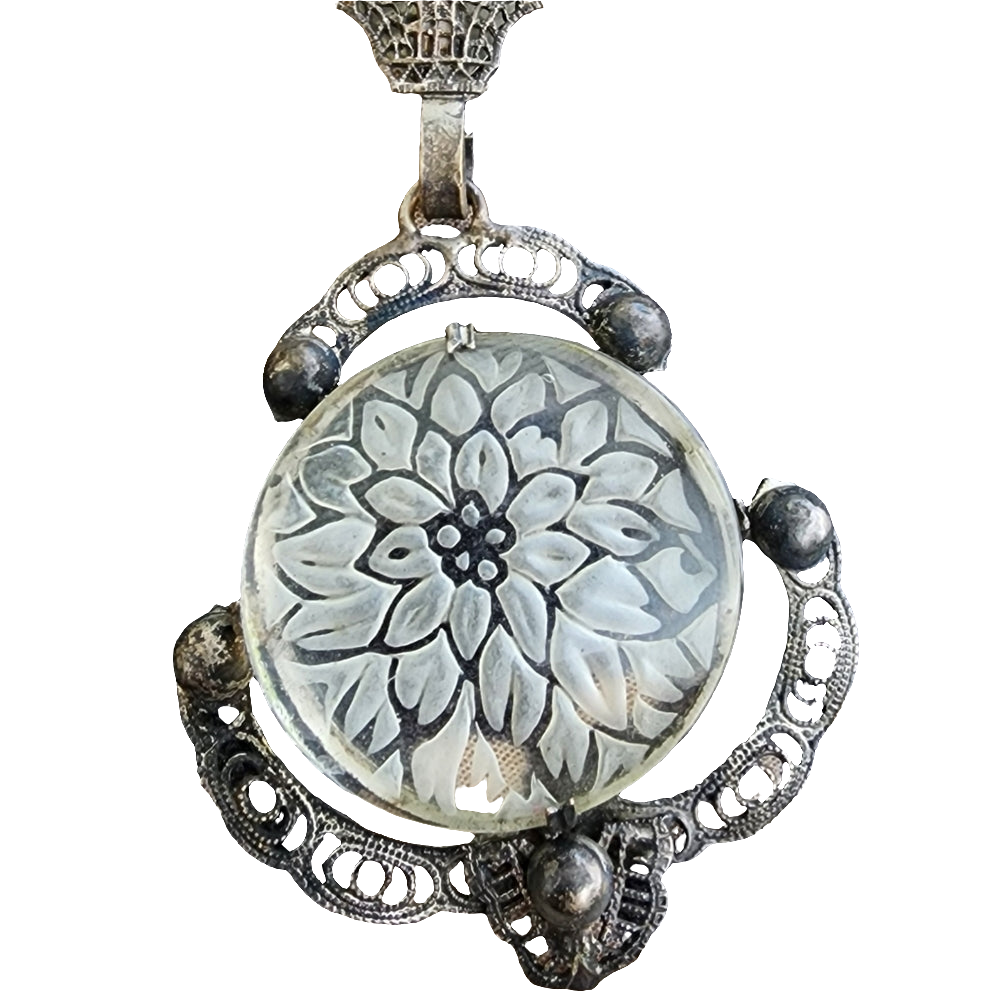 Lalique type antique reverse carved flower  floral scarf clip filigree art deco