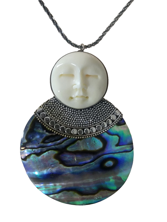 Sajen Style Moon face pendant and Necklace with abalone sterling silver