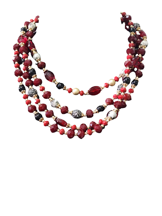 4 strand red glass & rhinestone beaded necklace