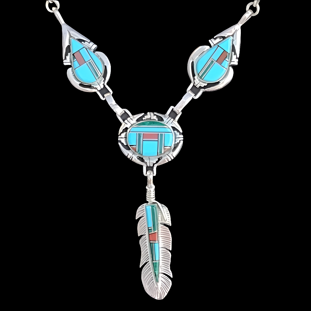 Sterling silver Native American inlay feather dangle necklace turquoise …