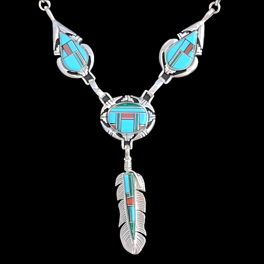 Sterling silver Native American inlay feather dangle necklace turquoise …