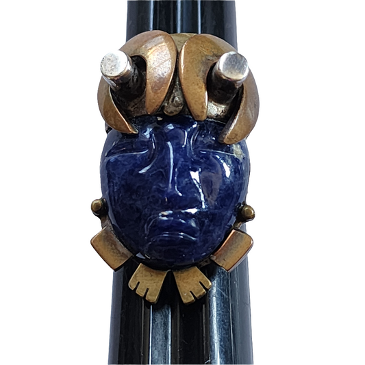 950 Silver carved face lapis ring size 7.5