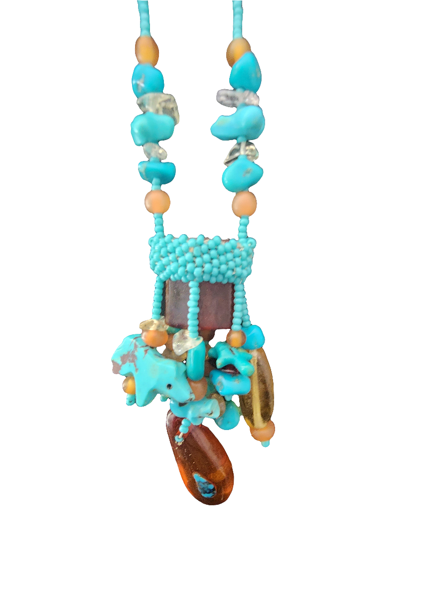 Handmade native american seed bead turquoise fetish Necklace