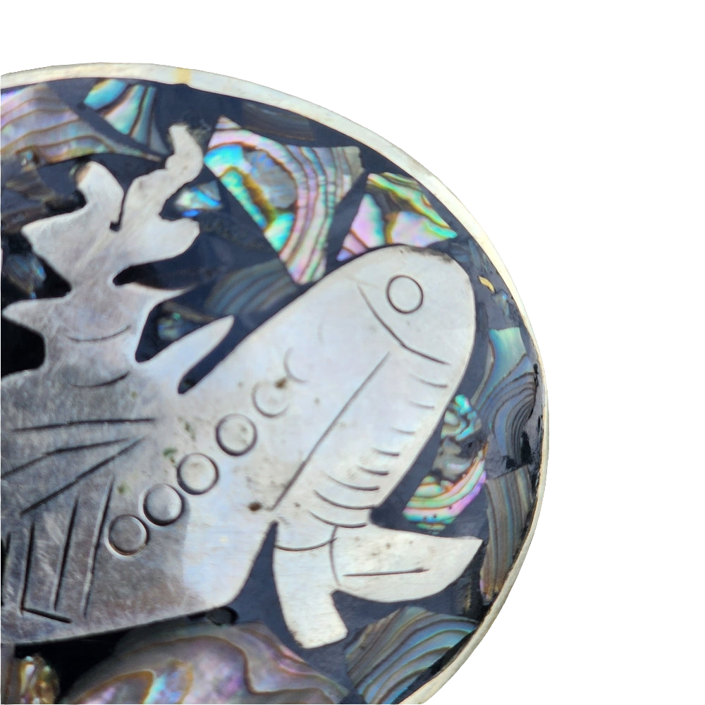 Vintage mother of pearl inlay Mexican belt buckle with figure