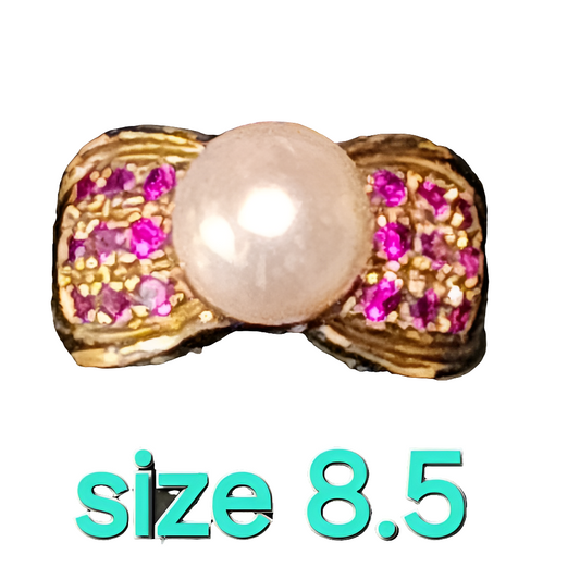 Sterling Silver Gold vermeil faux pearl pink red color stones size 8.5 jewelry