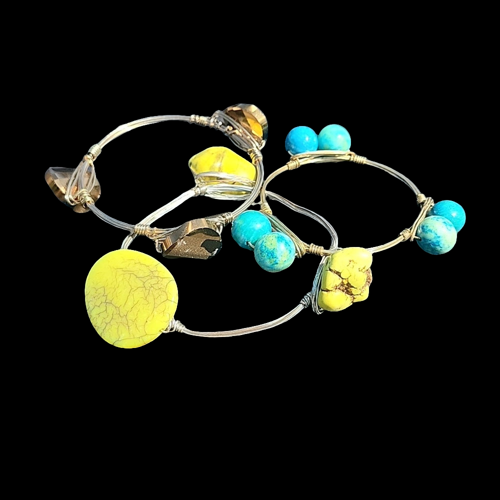 Yellow bronze & blue plastic gemstone  wire bangle bracelet designer fashion