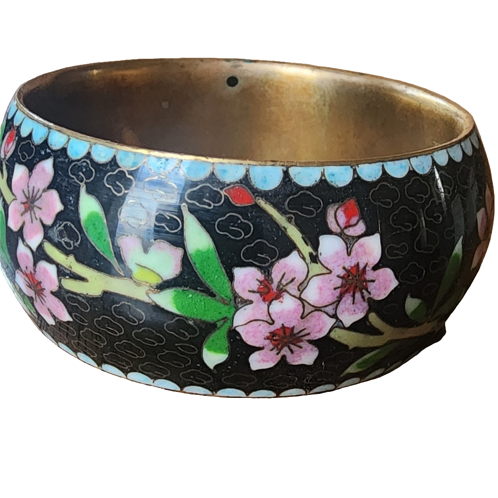 Cloisonne Vintage Bangle Bracelet  Bird Butterfly Flowers pink Black jewelry