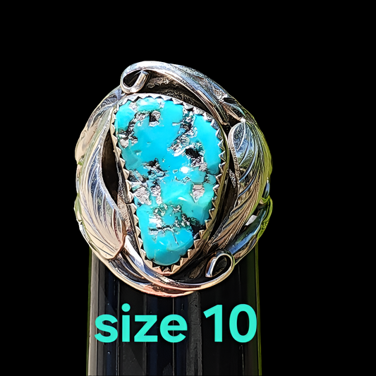 Sterling silver native american turquoise ring with leafy design size 10 unisex