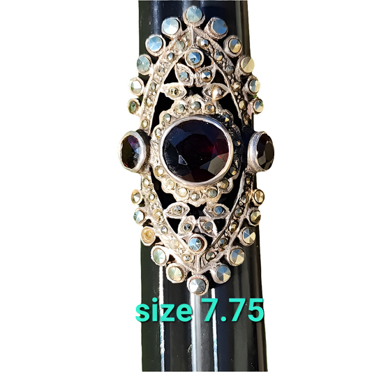 Vintage sterling silver marcasite (1 lost) Red Ruby or garnet ring size 7.5 long