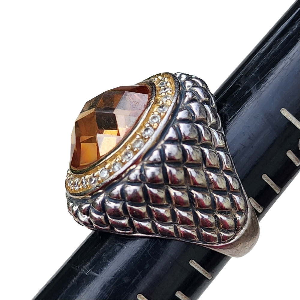 Sterling silver ring with Yellow Orange and diamonds Dome top size 6