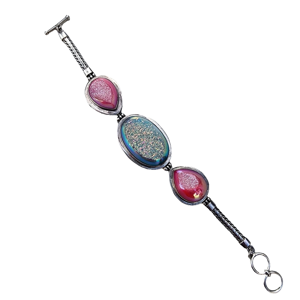 Sterling silver bracelet with pink and blue druzy quartz 7.5 in Long
