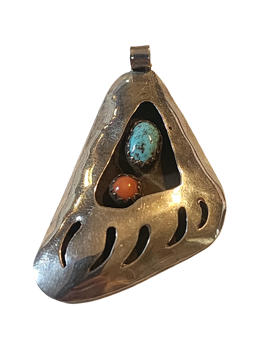 Native American Sterling Silver Bear claw pendant with Turquoise and coral