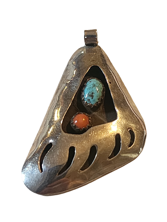 Native American Sterling Silver Bear claw pendant with Turquoise and coral