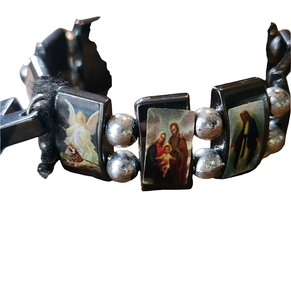 Religious picture hematite stretch bracelet mother Mary angle cross charm