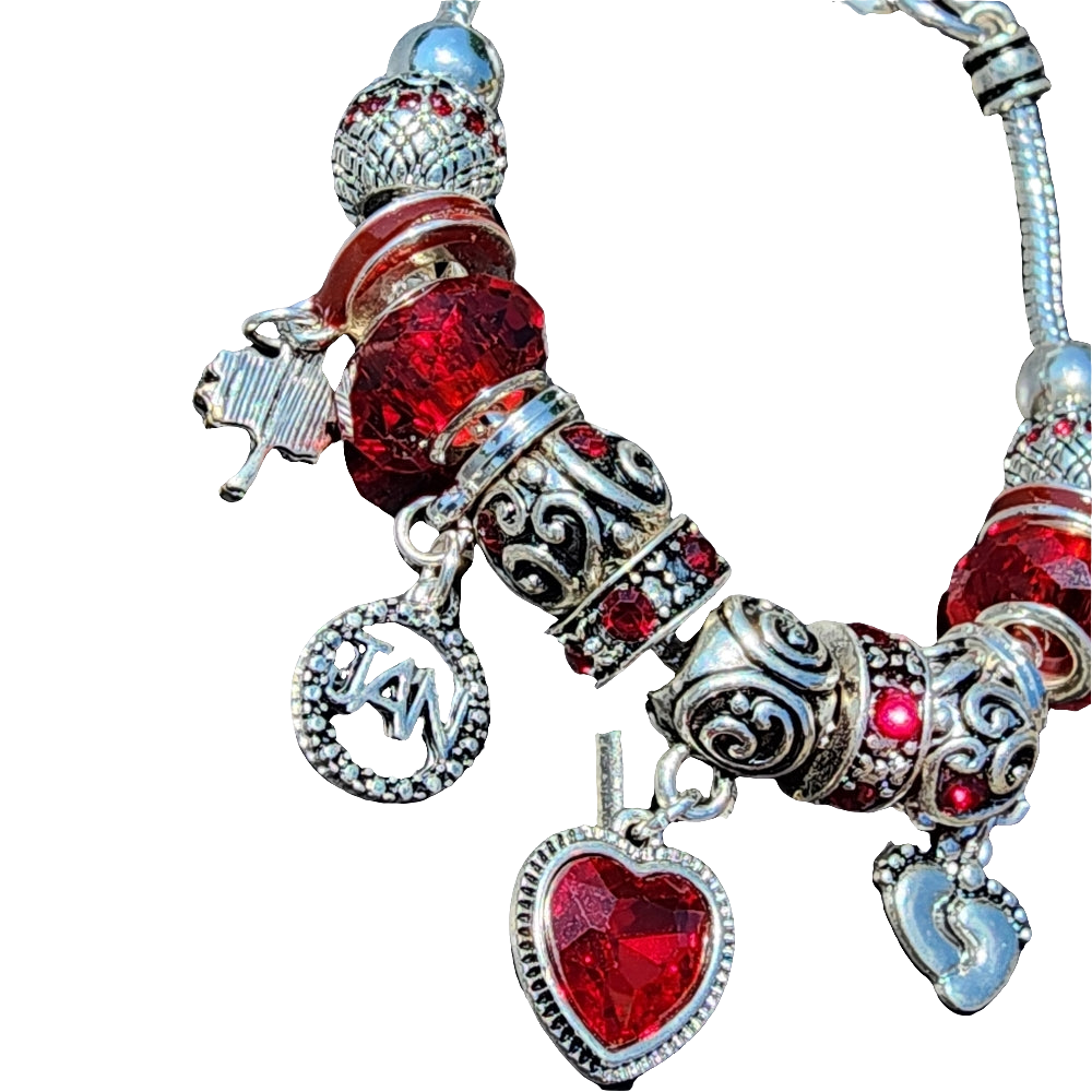 Landau charm bracelet red and silver tone heart beads like new with tag fashion