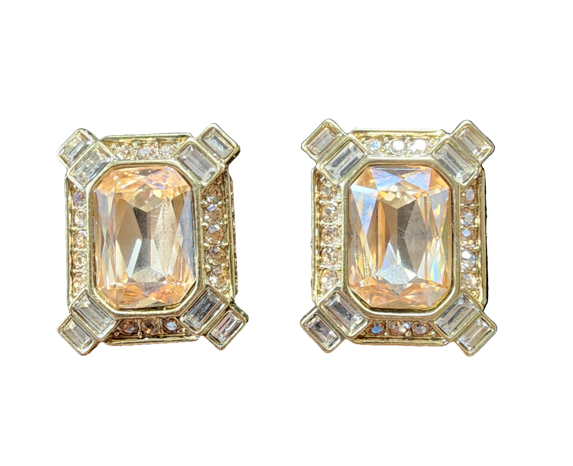 Heidi Daus golden crystals three strand necklace and clip on earrings set