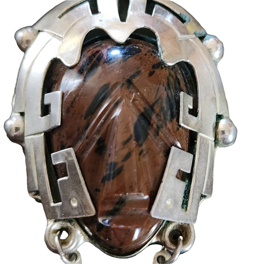 Vintage Mexican sterling silver carved stone face tribal mask pendant brooch pin