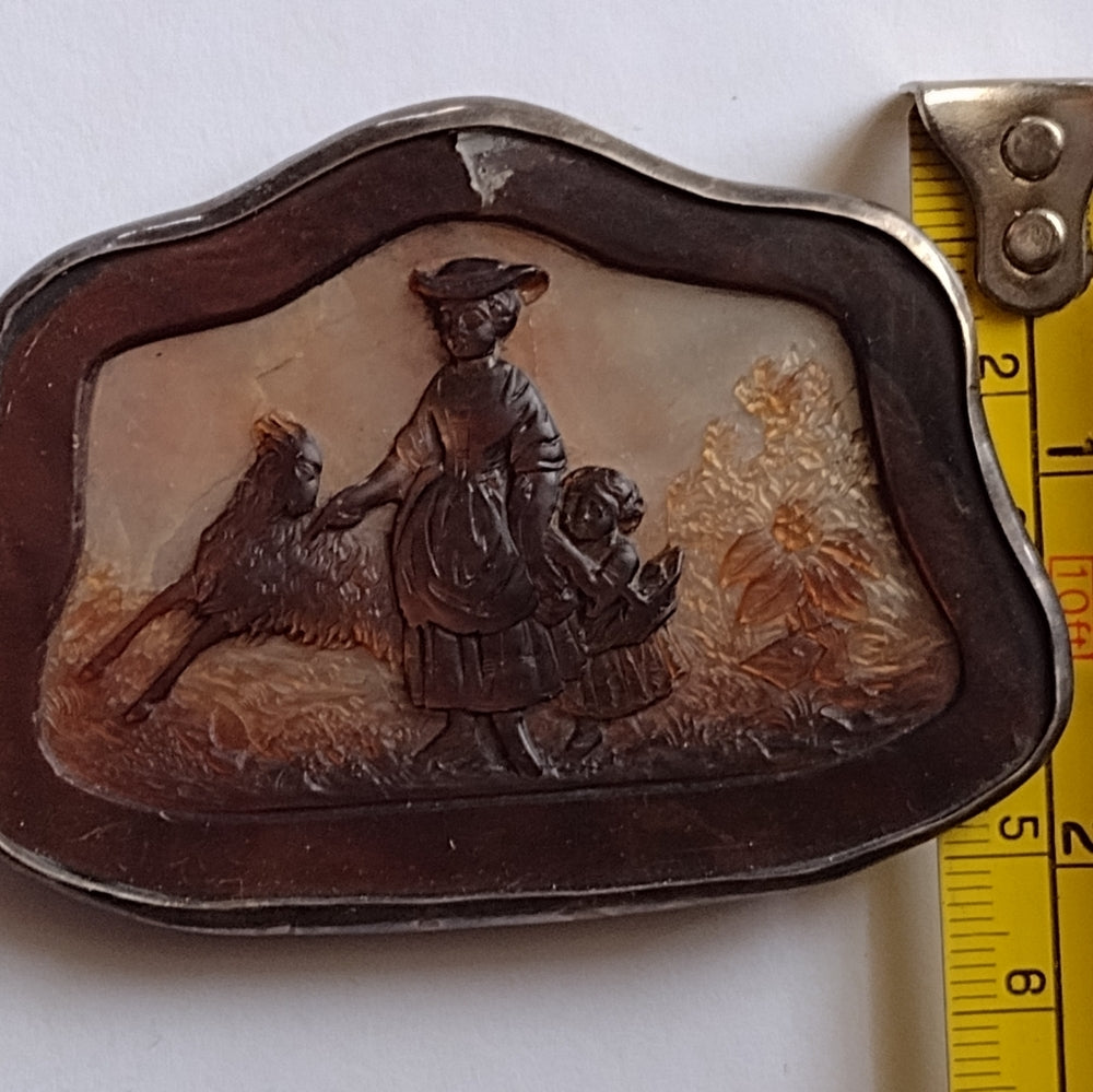 Antique carved shell Cameo goat mother sterling silver brooch museum quality