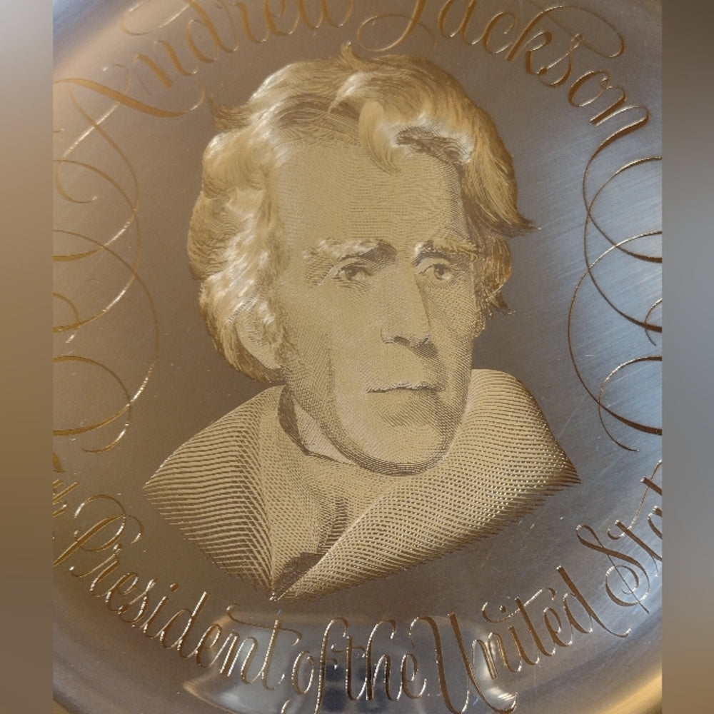 Andrew Jackson sterling silver portrait plate with 24k gold inlay Franklin mint