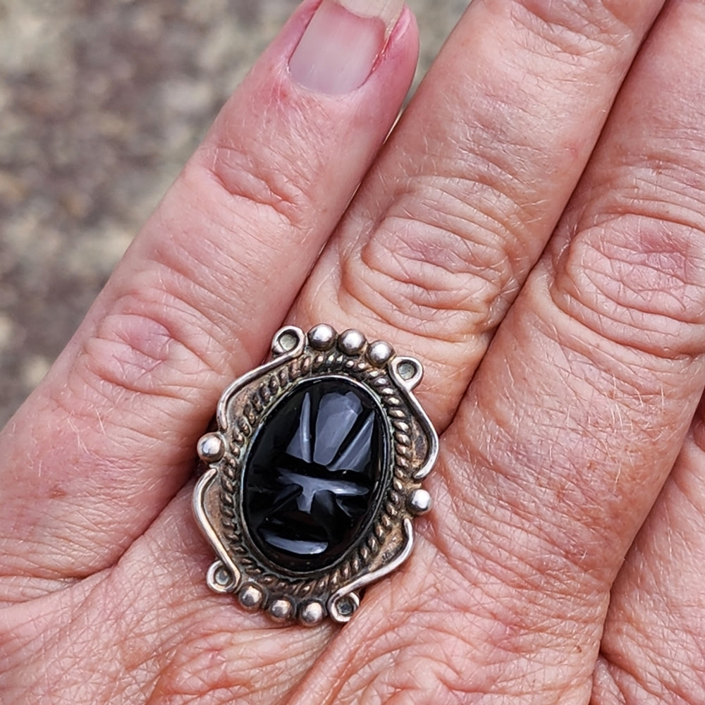 Vintage sterling silver Aztec tribal mask ring size 7.75