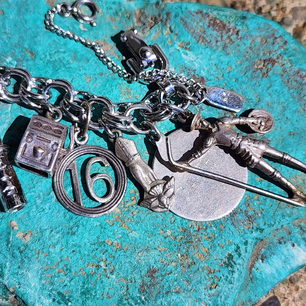 Monet bracelet with sterling silver charms Mickey Mouse guitar Stein Odd Fellows