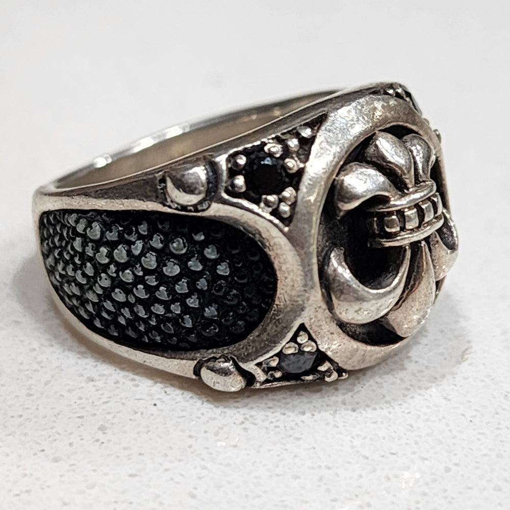 Sterling silver Stingray leather fleur-de-lis black zirconia size 8.5 unisex