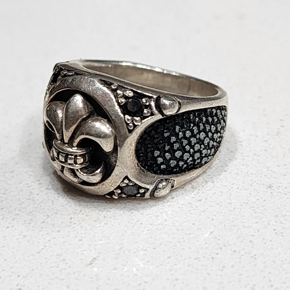 Sterling silver Stingray leather fleur-de-lis black zirconia size 8.5 unisex