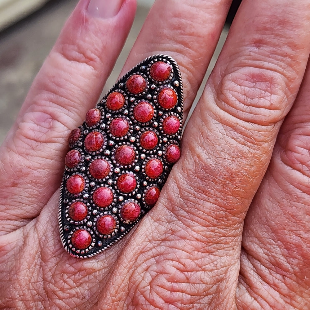 Huge chunky sterling silver red coral ring size 7.5 boho Southwestern