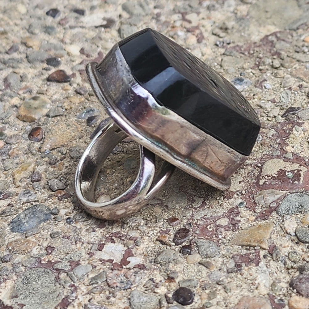 Huge sterling silver statement ring black onyx made in Mexico size 6
