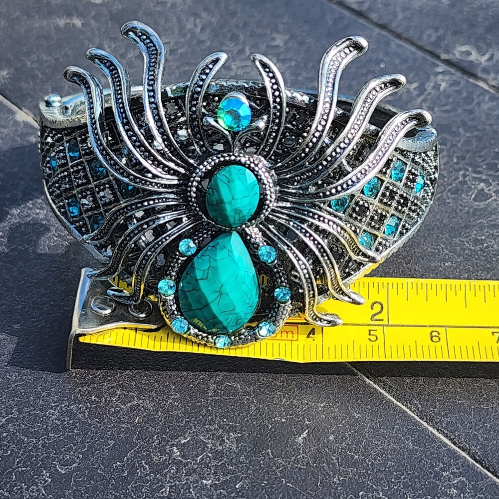 Rhinestone spider hinged bracelet costume fashion jewelry Halloween silver tone