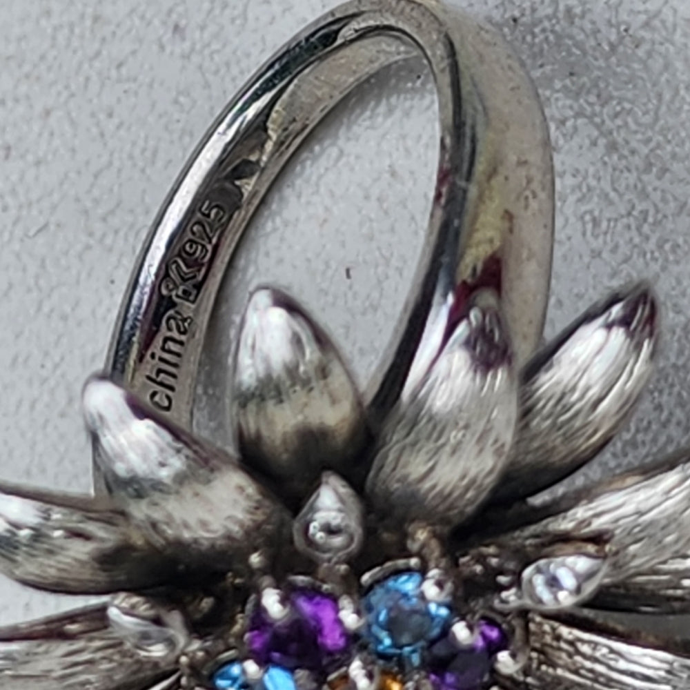 Sterling silver flower ring with gemstones size 8