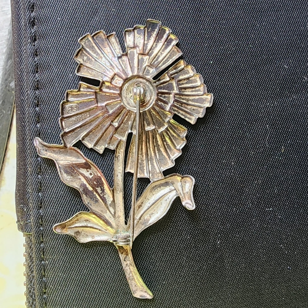 Signed SB sterling silver flower pin brooch vintage