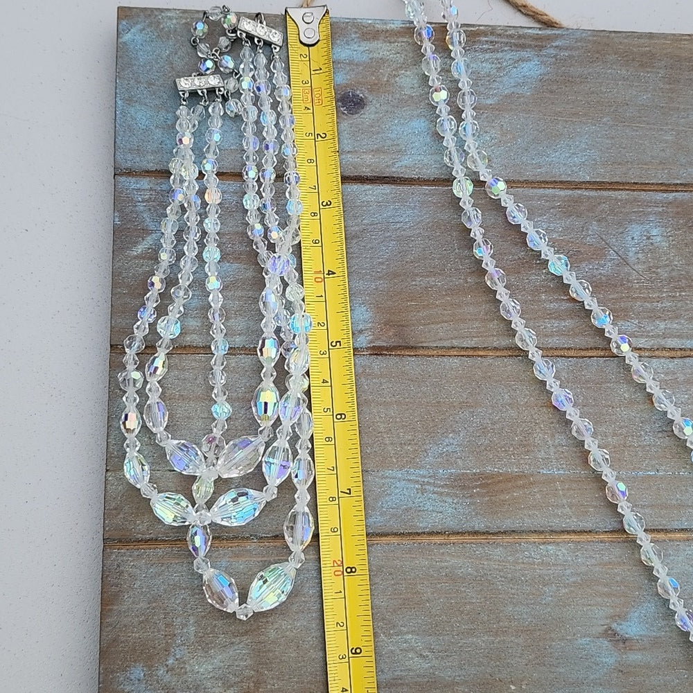 Lot of two Aurora Borealis glass bead necklaces three strand & 1 strand