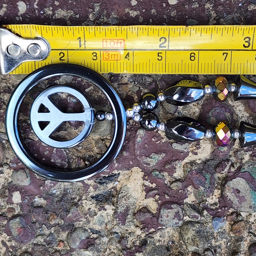 Magnetic hematite necklace w peace sign and Aurora Borealis glass beads unisex