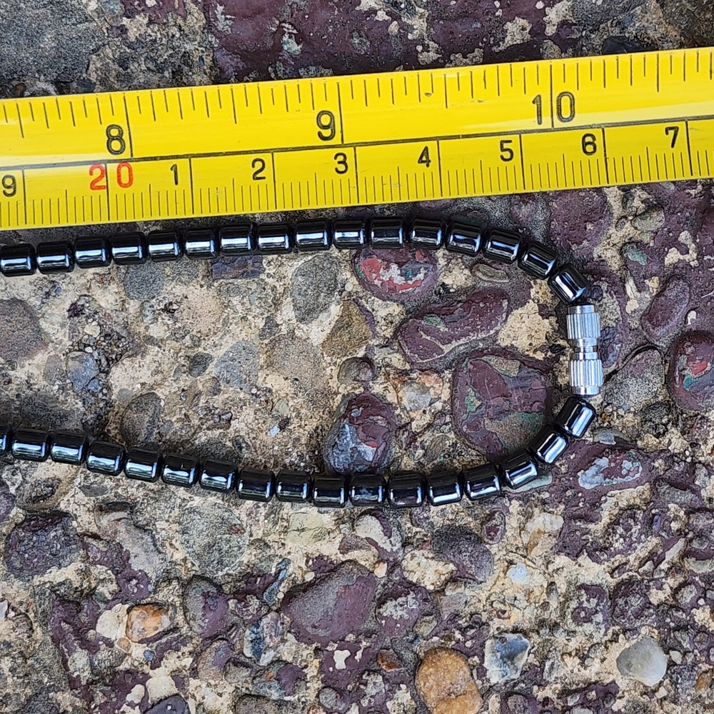 Magnetic hematite necklace w peace sign and Aurora Borealis glass beads unisex