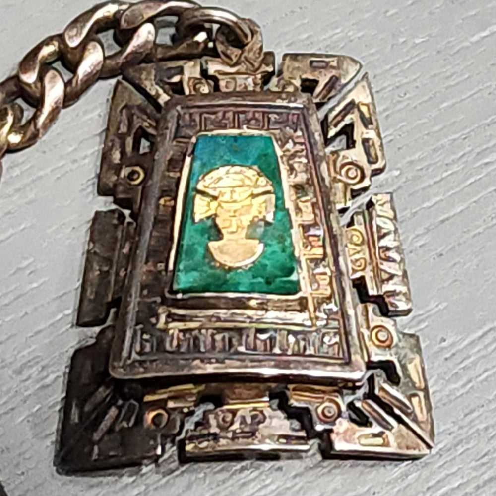 Vintage sterling silver & 18k gold malachite Peruvian key ring chain or pendant