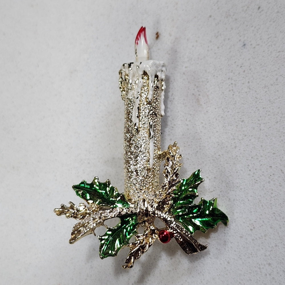 Two Christmas brooches Christmas tree with rhinestones and candlestick