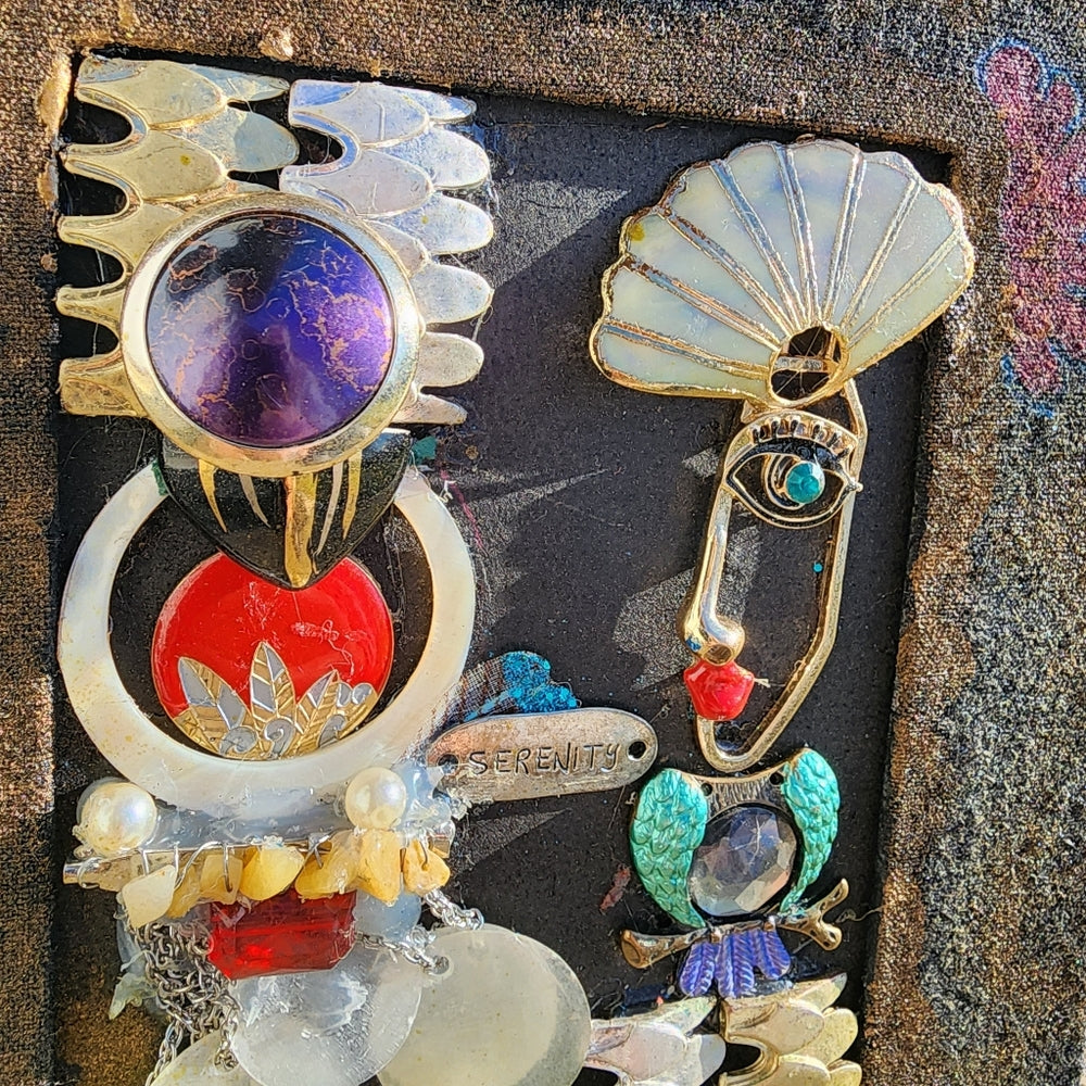 Mixed media framed vintage jewelry art collage OOAK Picasso face serenity